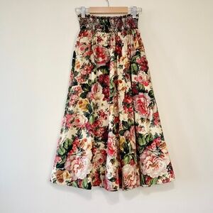 Zara Cotton Floral Print A Line Gathered Pleats Midi Skirt Pockets Beige Red